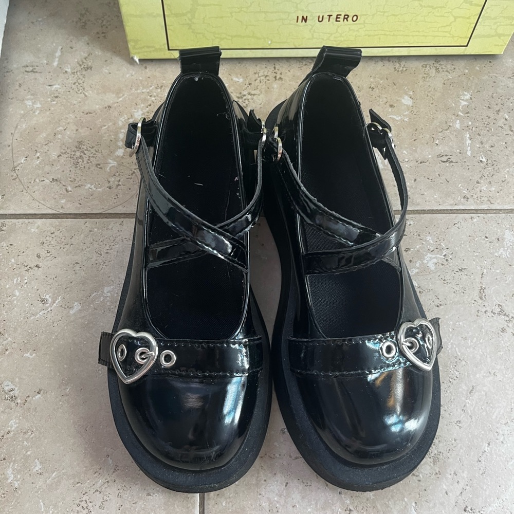 Size 6.5 cute black platform shoes w/ heart buckles & adjustable straps